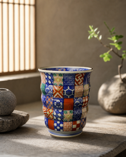 Editorial image of a hand-painted Japanese komon pattern yunomi tea cup on a quiet stone tabletop