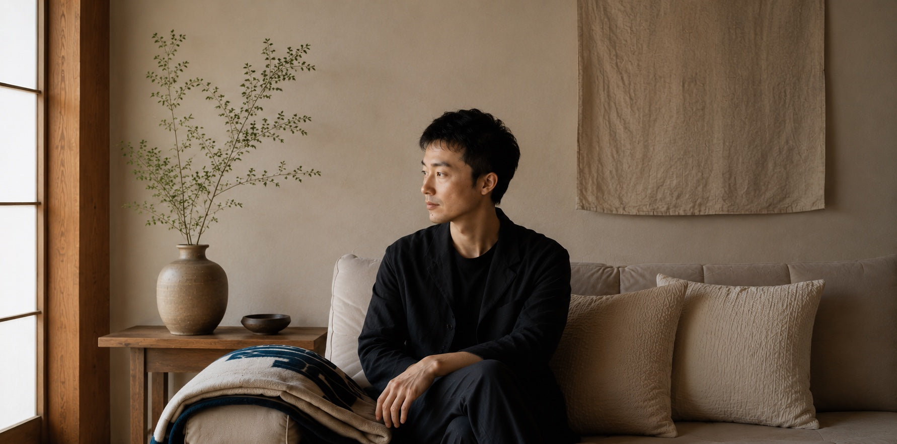 Quiet Kyoto interior with a curator seated beside Japanese vessels and soft natural light